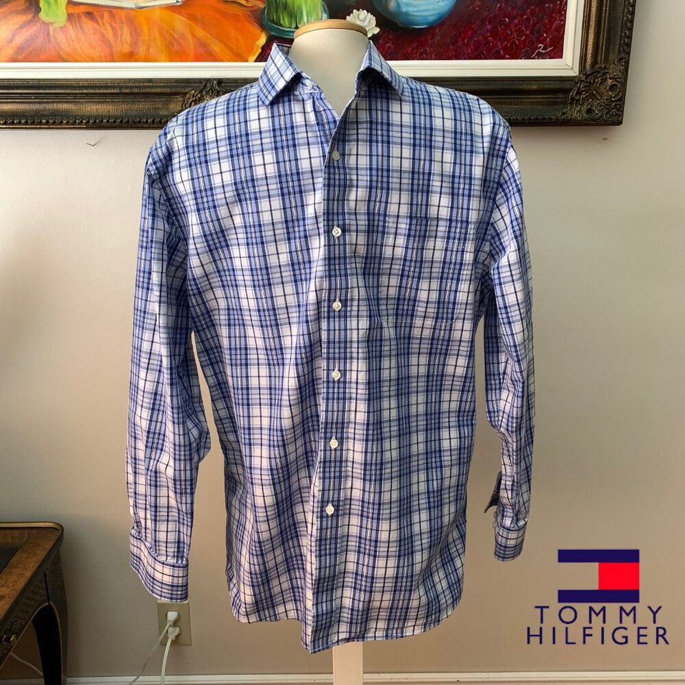 Tommy Hilfiger Men’s 16 1/2 Shirt Slim Fit Checkered Button Down Long Sleeves